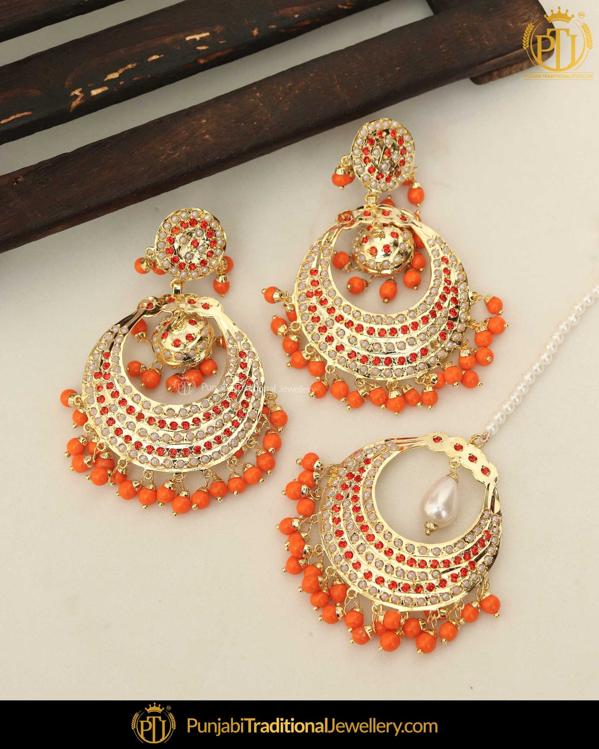 Gold Finished Orange Jadau Pearl Earring Tikka Set  | Punjabi Traditional Jewellery Exclusive