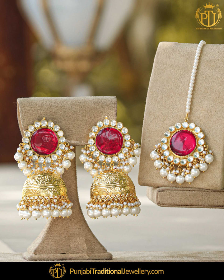 Gold Finished Kundan Pearl Jhumki Rubby Earrings & Tikka  | Punjabi Traditional Jewellery Exclusive