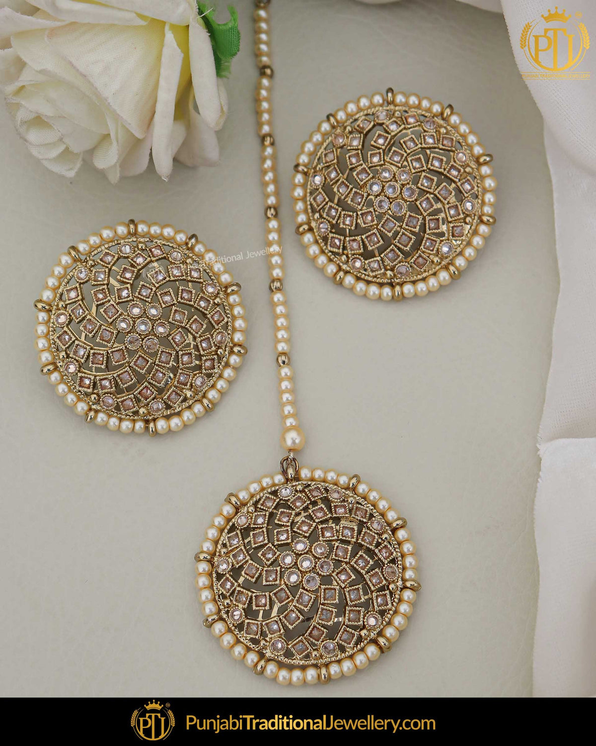 Gold Finished Champagne Stone Stud Earring Tikka Set | Punjabi Traditional Jewellery Exclusive
