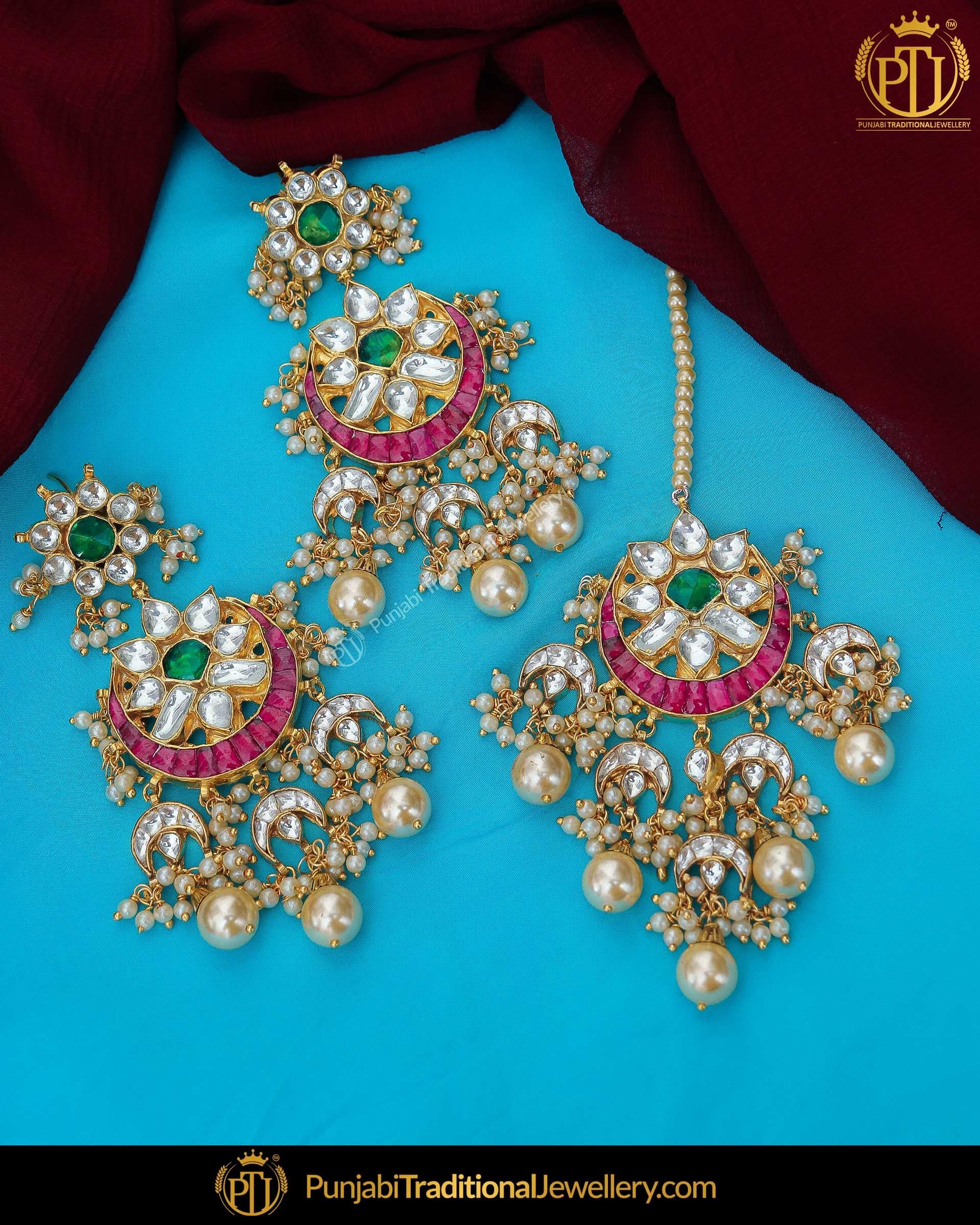 Gold Finished Rubby & Green Kundan Earrring Tikka Set | Punjabi Traditional Jewellery Exclusive