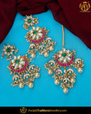 Gold Finished Rubby & Green Kundan Earrring Tikka Set | Punjabi Traditional Jewellery Exclusive