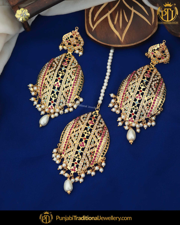 Gold Finished Jadau Multi Earring Tikka Set | Punjabi Traditional Jewellery Exclusive