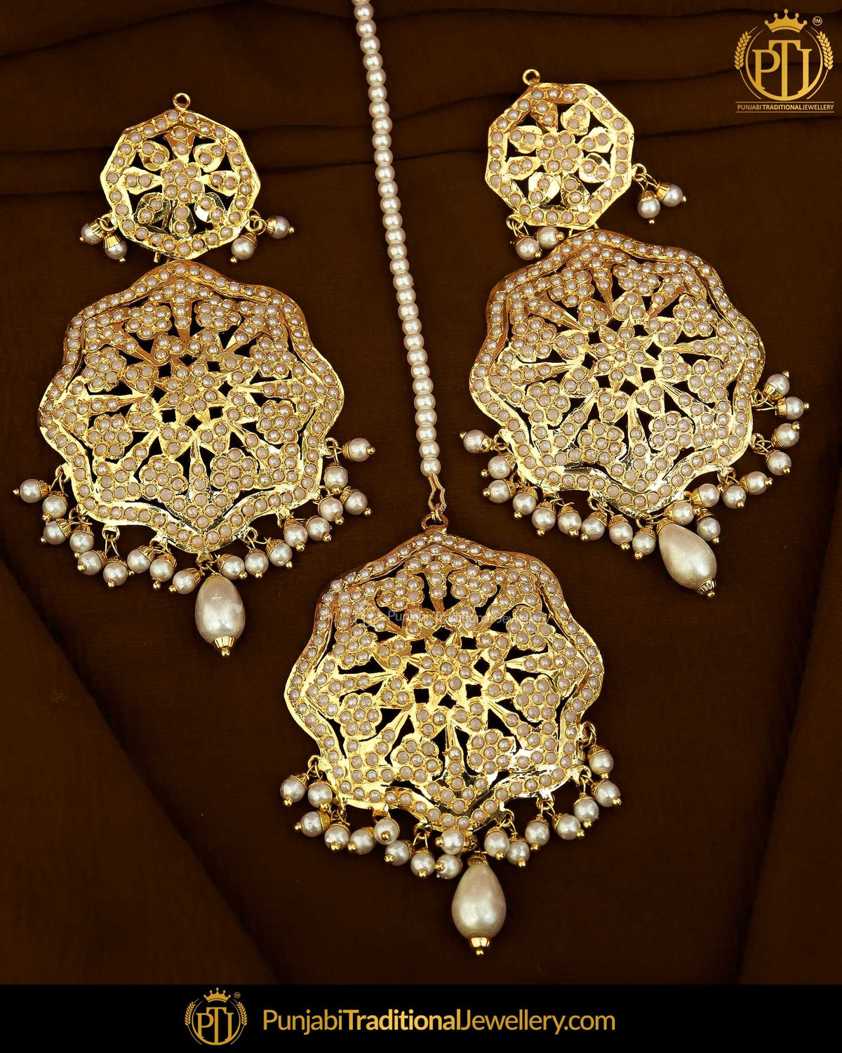 Gold Finished Pearl Jadau Earring Tikka Set | Punjabi Traditional Jewellery Exclusive