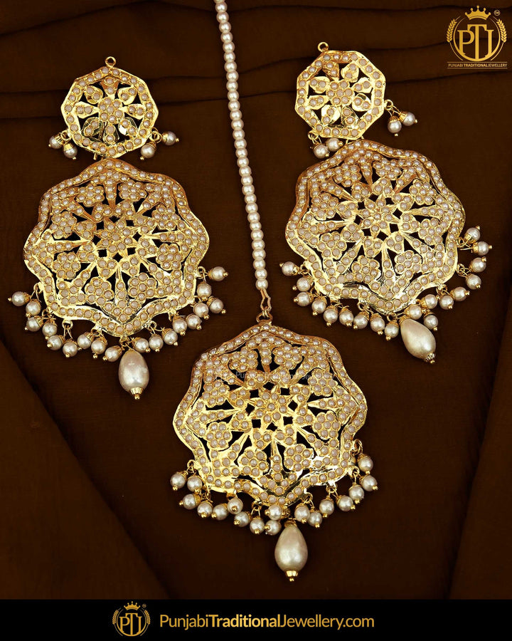 Gold Finished Pearl Jadau Earring Tikka Set | Punjabi Traditional Jewellery Exclusive