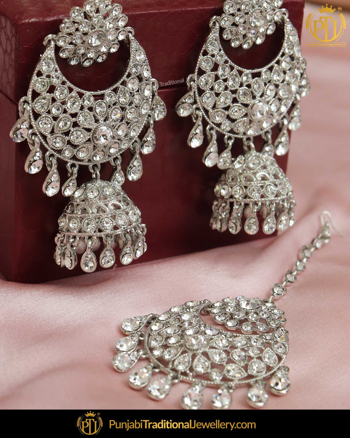Silver Finished Polki Earring Tikka Set | Punjabi Traditional Jewellery Exclusive