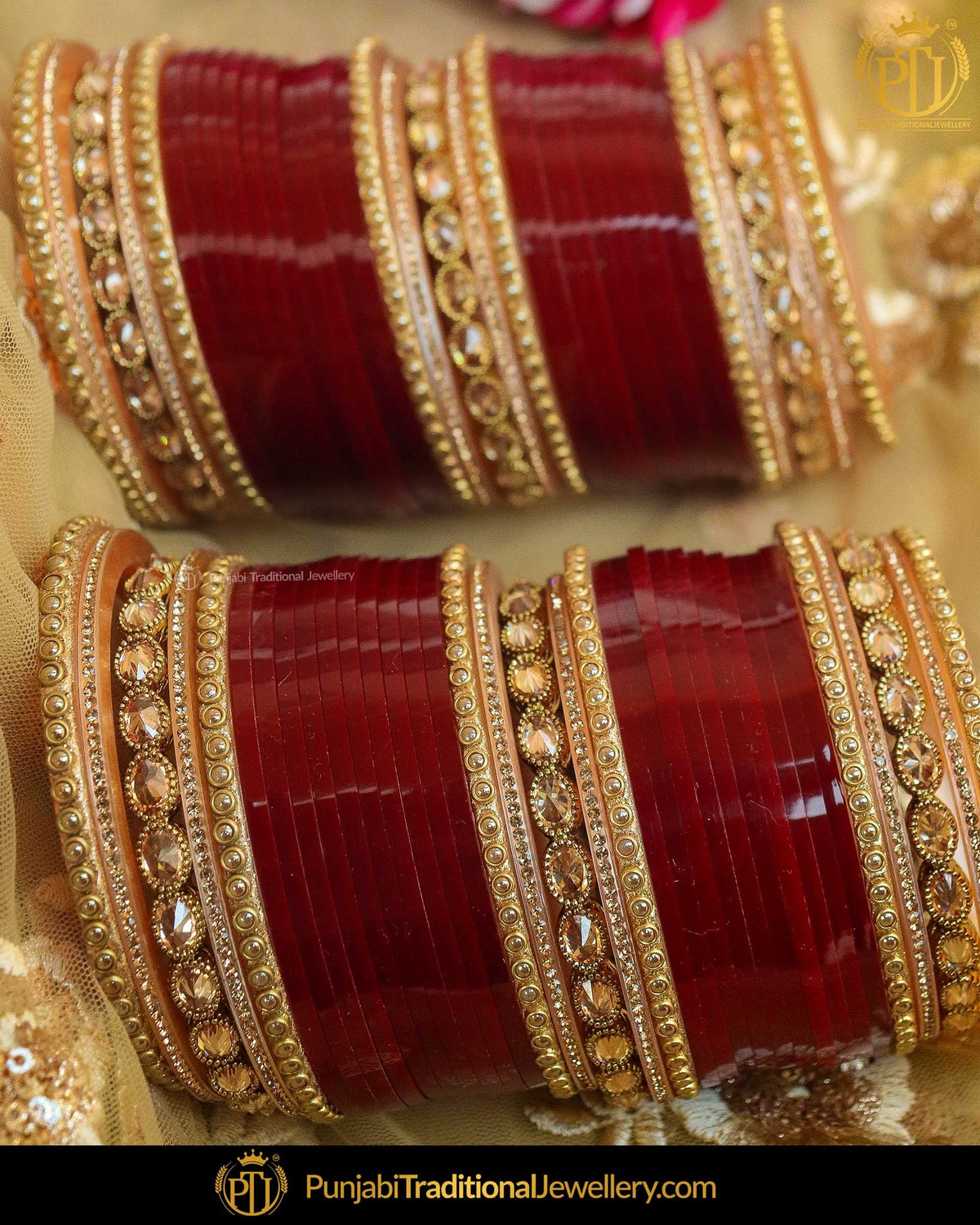 Maroon Champagne Stone Bridal Chura | Punjabi Traditional Jewellery Exclusive