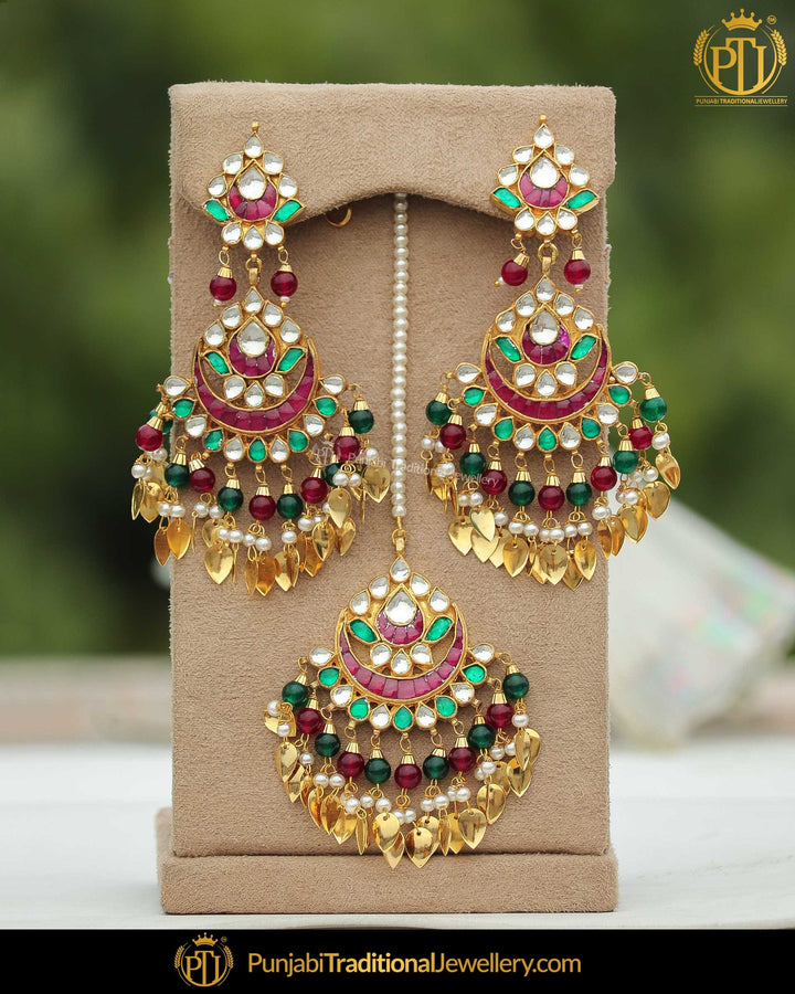 Gold Finished Pippal Patti Rubby Panna Kundan Pearl Earring Tikka Set | Punjabi Traditional Jewellery Exclusive