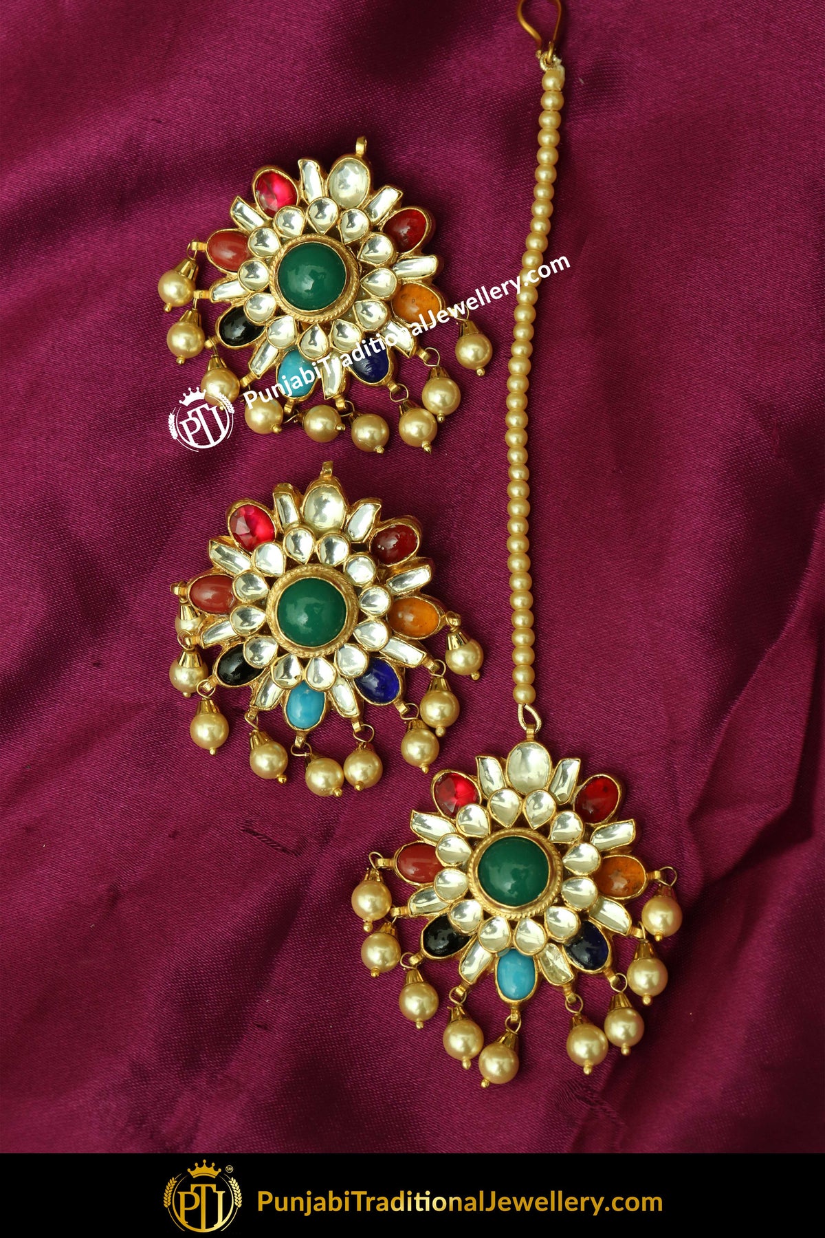 Gold Finished Navratan Pearl Stud Earring Tikka Set | Punjabi Traditional Jewellery Exclusive
