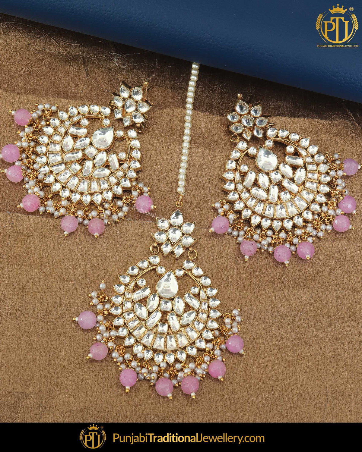 Gold Finished Emerald Pearl Kundan Earring Tikka Set | Punjabi Traditional Jewellery Exclusive