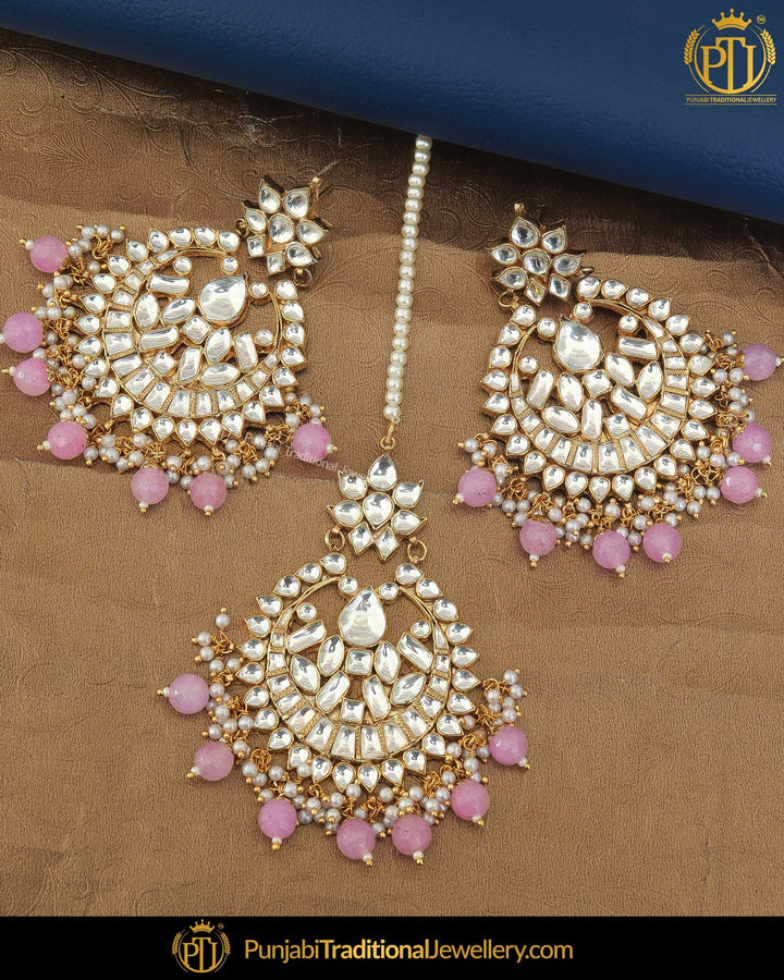 Gold Finished Emerald Pearl Kundan Earring Tikka Set | Punjabi Traditional Jewellery Exclusive
