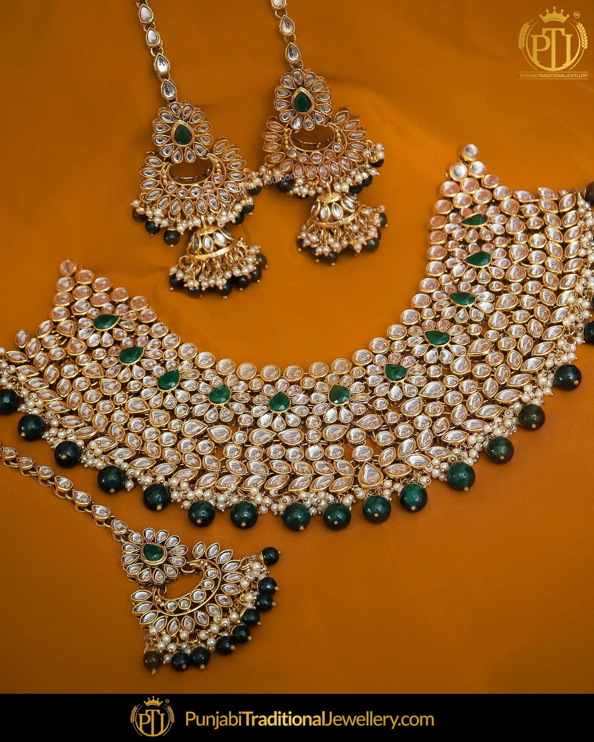 Gold Finished Emerald Kundan Pearl Choker Necklace & Sahare Earrings | Punjabi Traditional Jewellery Exclusive