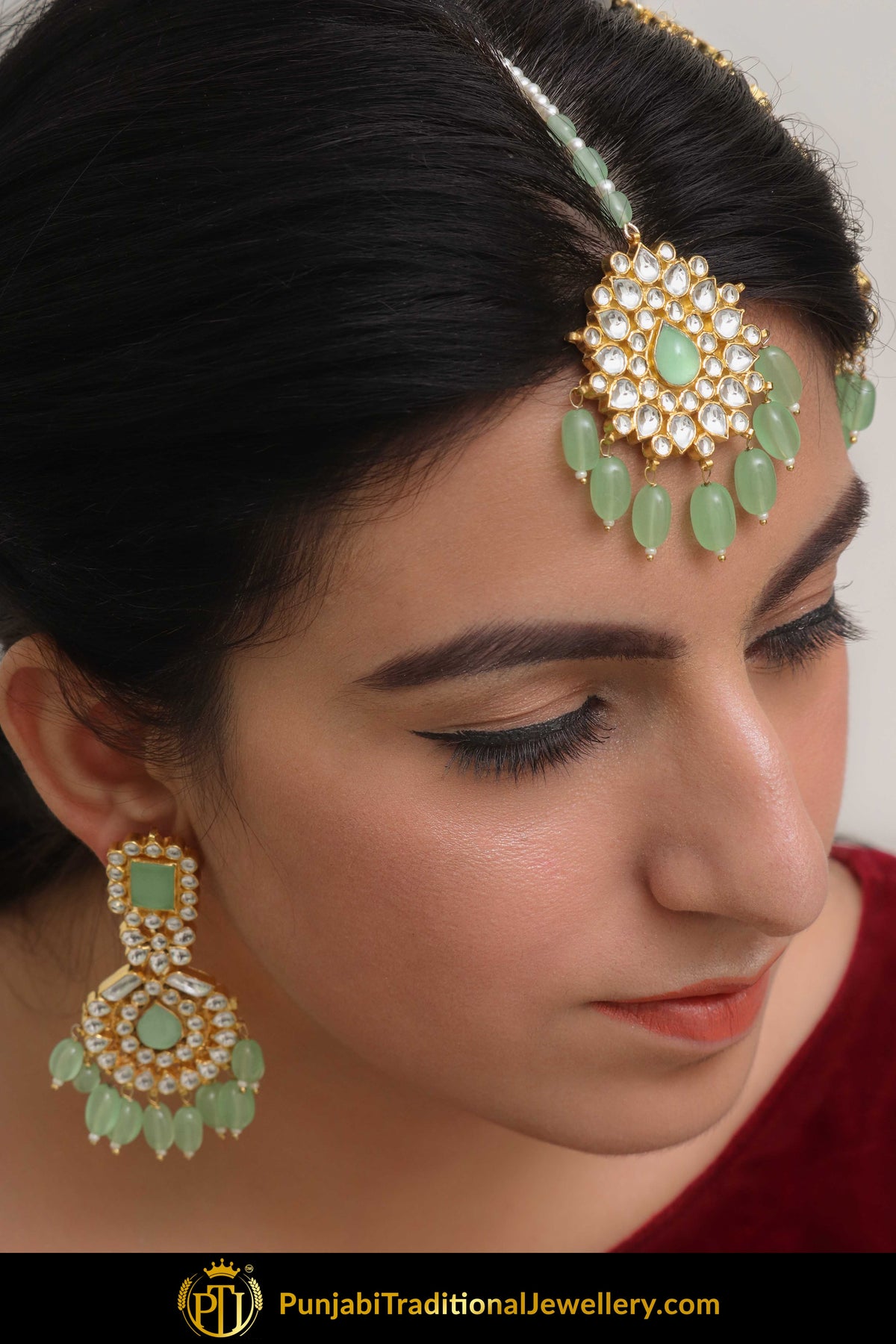 Aleesa New Jade Kundan Earring Tikka Set | Punjabi traditional Jewellery Exclusive