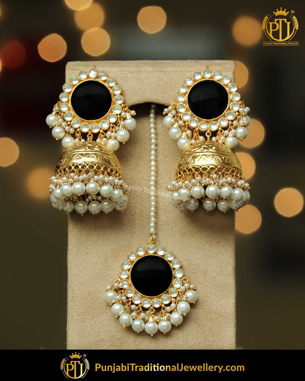 Black Stud Jhumki Kundan Pearl Earrings With Tikka | Punjabi Traditional Jewellery Exclusive