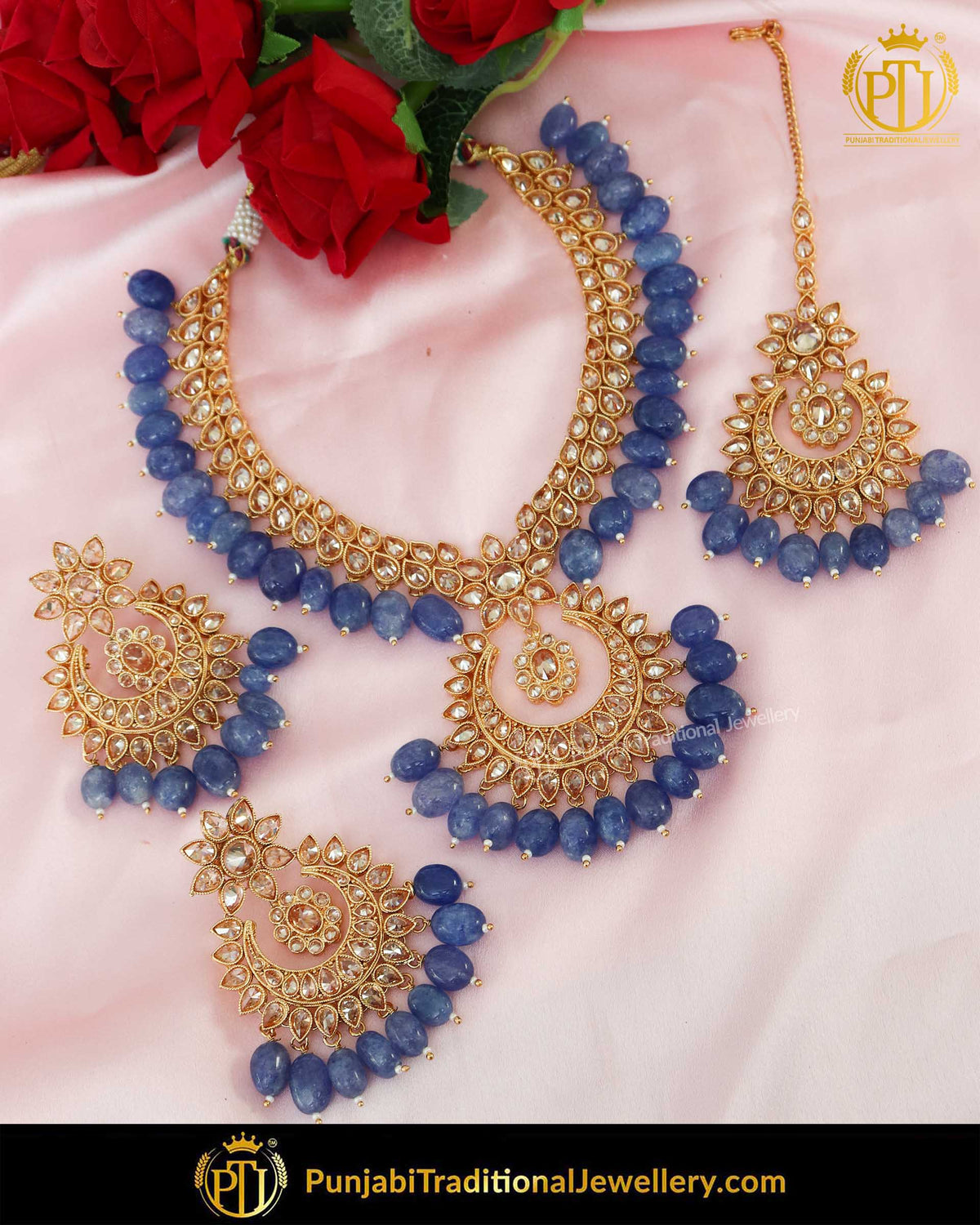 Gold Finished Blue Champagne Stone Pearl Necklace Set | Punjabi Traditional Jewellery Exclusive