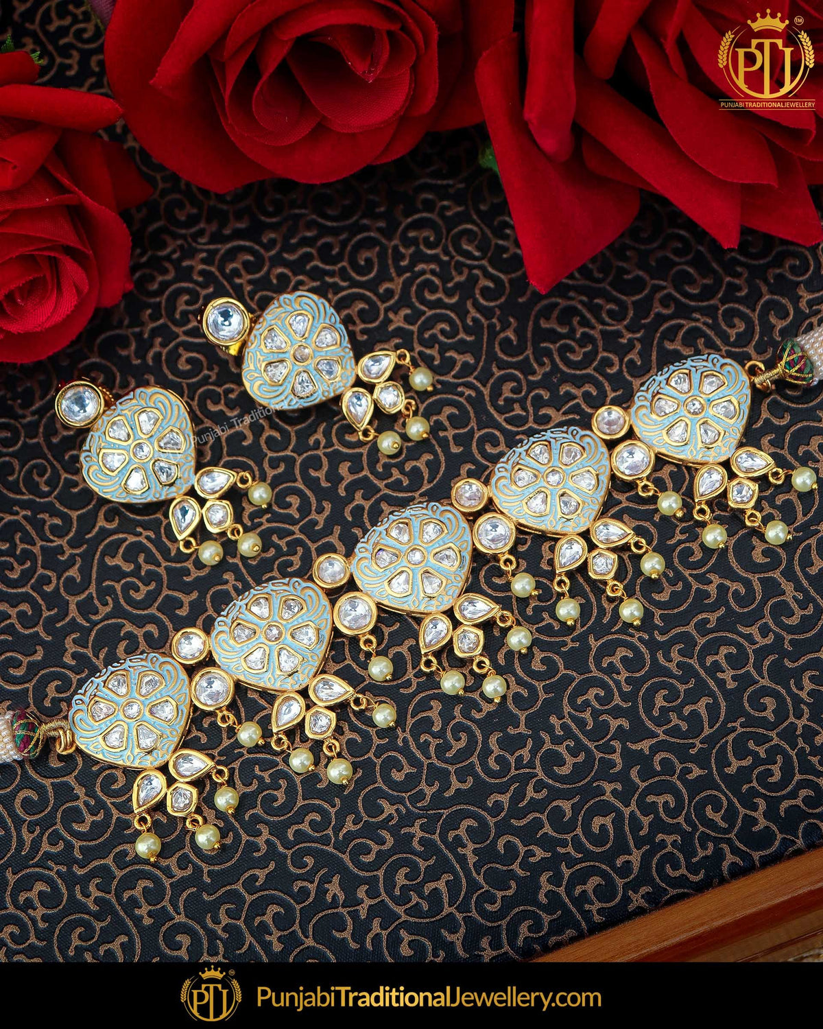 Hand Painted Firozi Meena Kundan Pearl Necklace Set | Punjabi Traditional Jewellery Exclusive