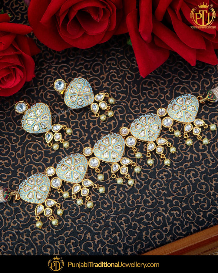 Hand Painted Firozi Meena Kundan Pearl Necklace Set | Punjabi Traditional Jewellery Exclusive