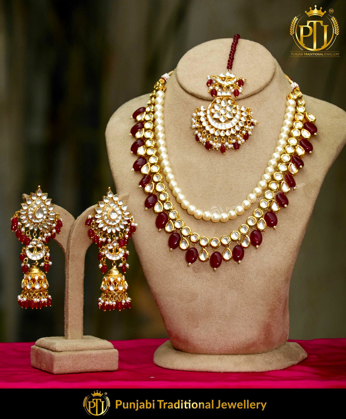 Rubby Kundan Pearl Necklace, Tikka & Earring Set | Punjabi Traditional Jewellery Exclusive