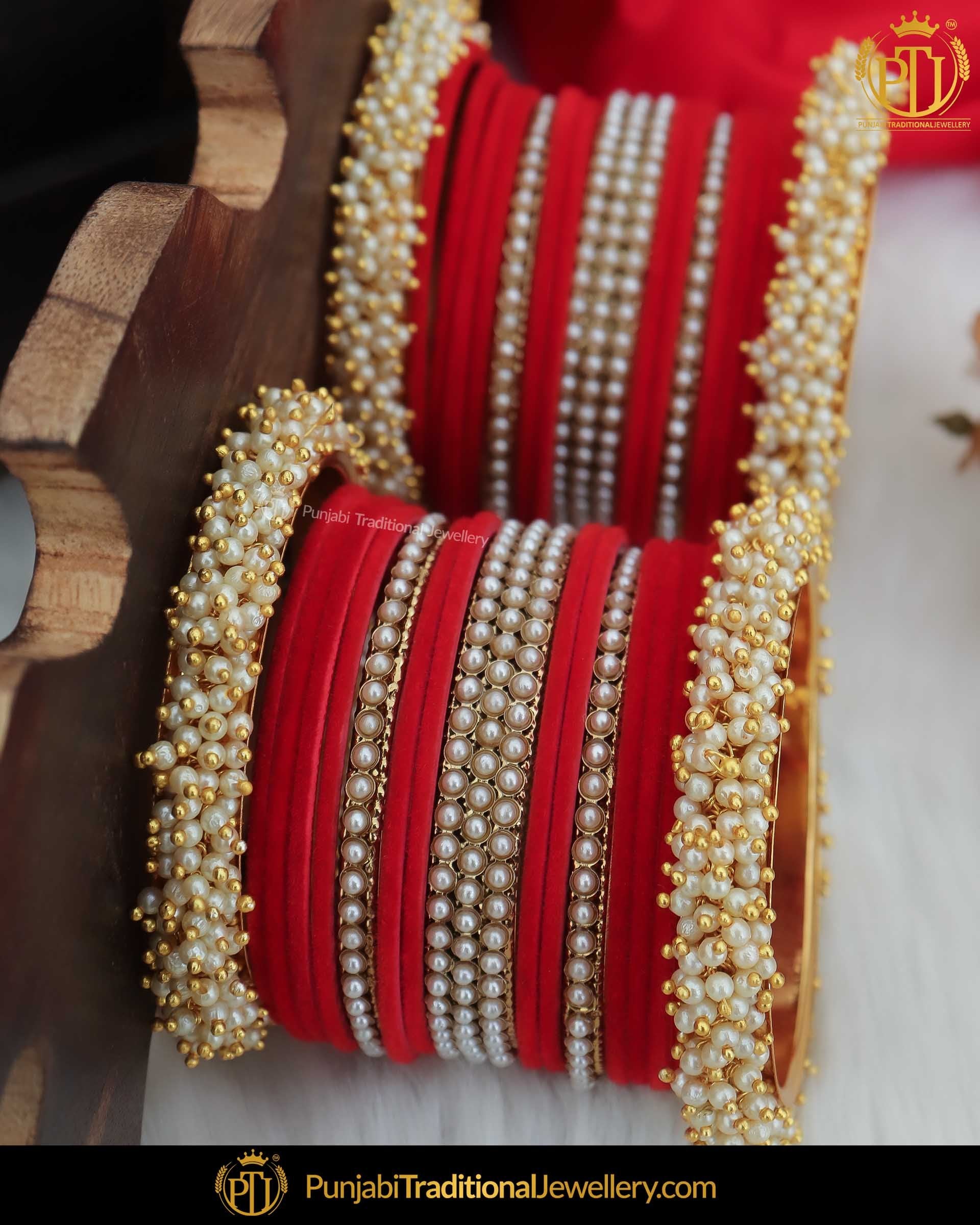 Red Thread Pearl Bangles Set (Both Hand Pair) | Punjabi Traditional Jewellery Exclusive