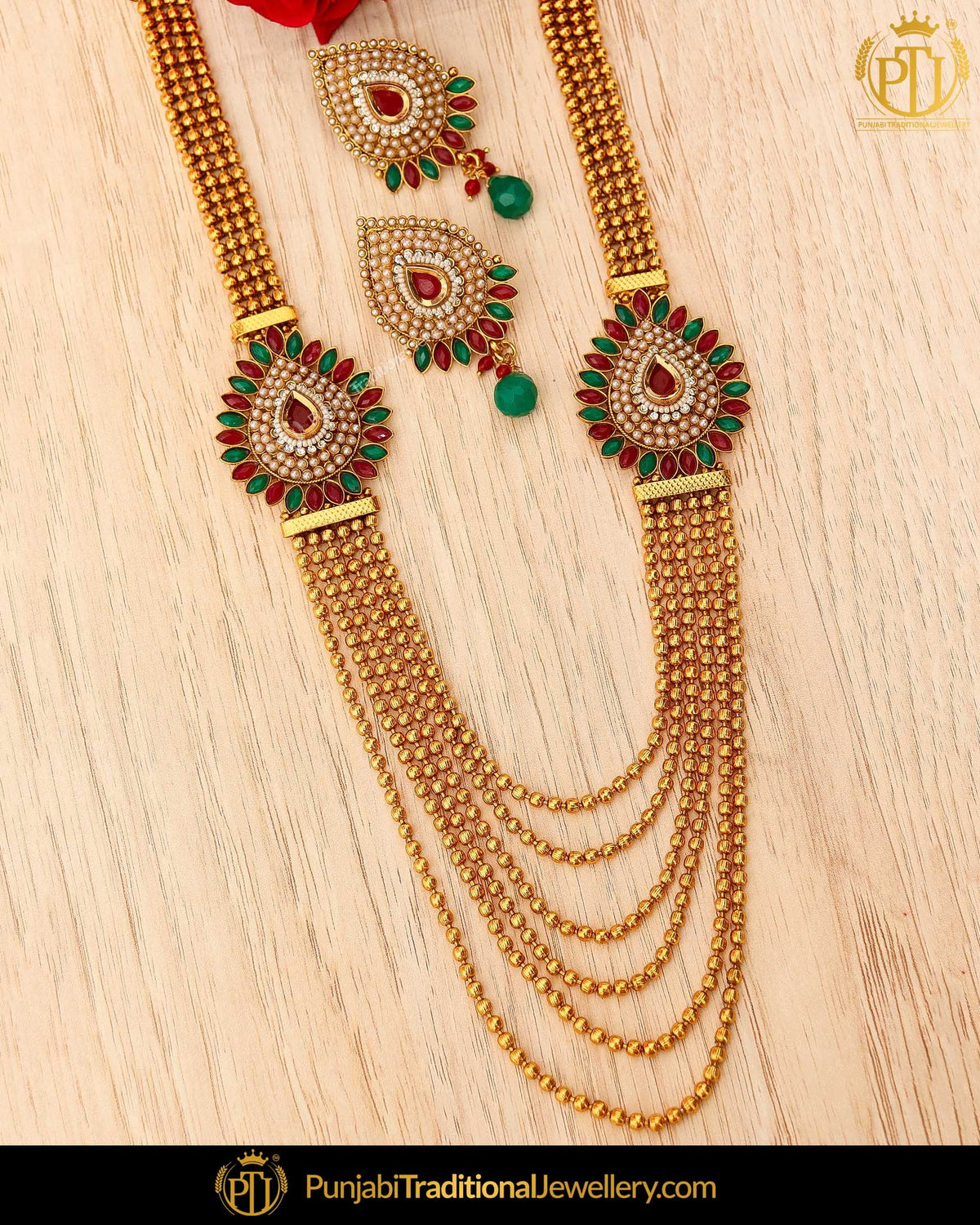 Antique Gold Finished Emerald Rubby Pearl Johda long Set | Punjabi Traditional Jewellery Exclusive