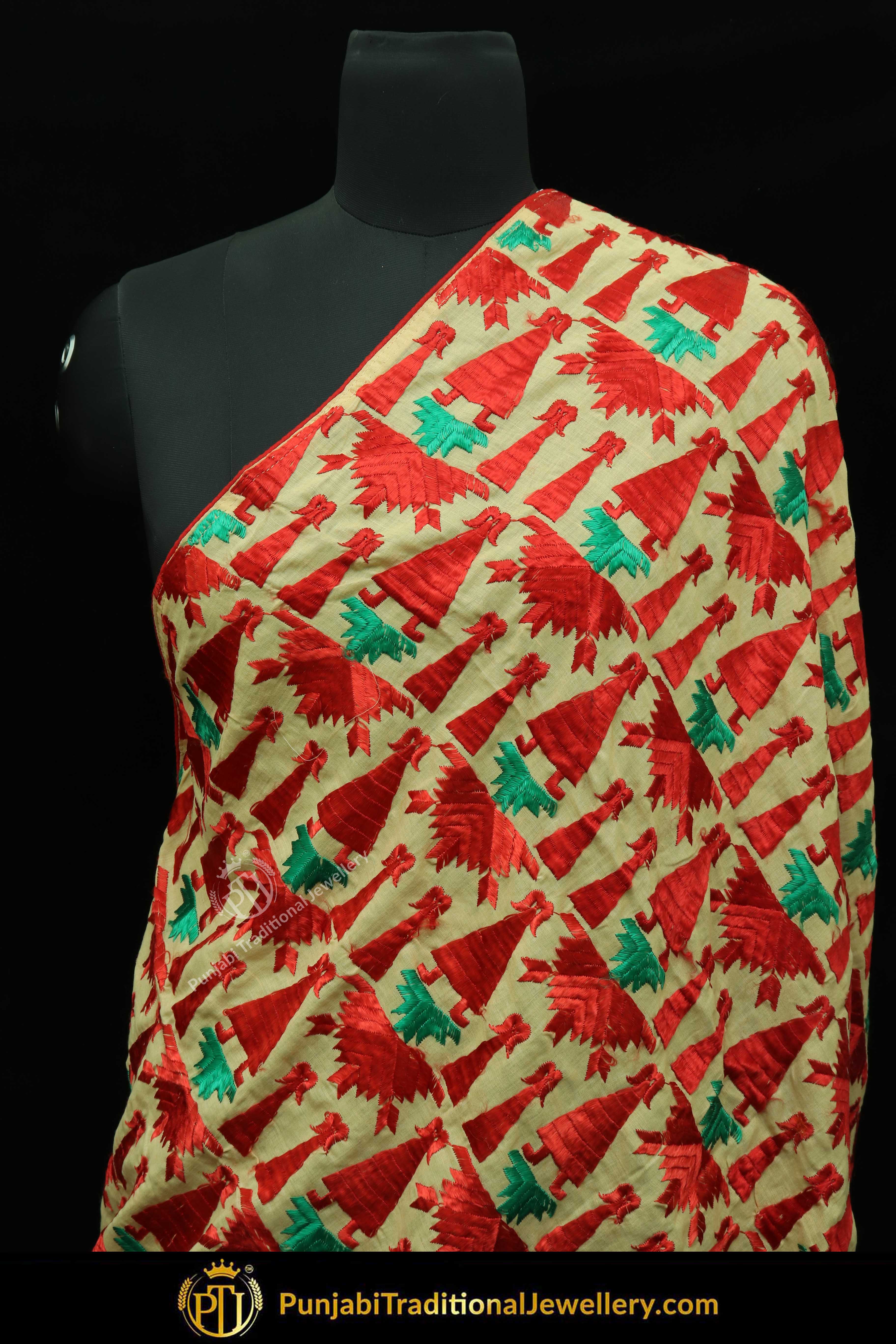 Red Color Pure Phulkari Dupatta By Punjabi Traditional Jewellery