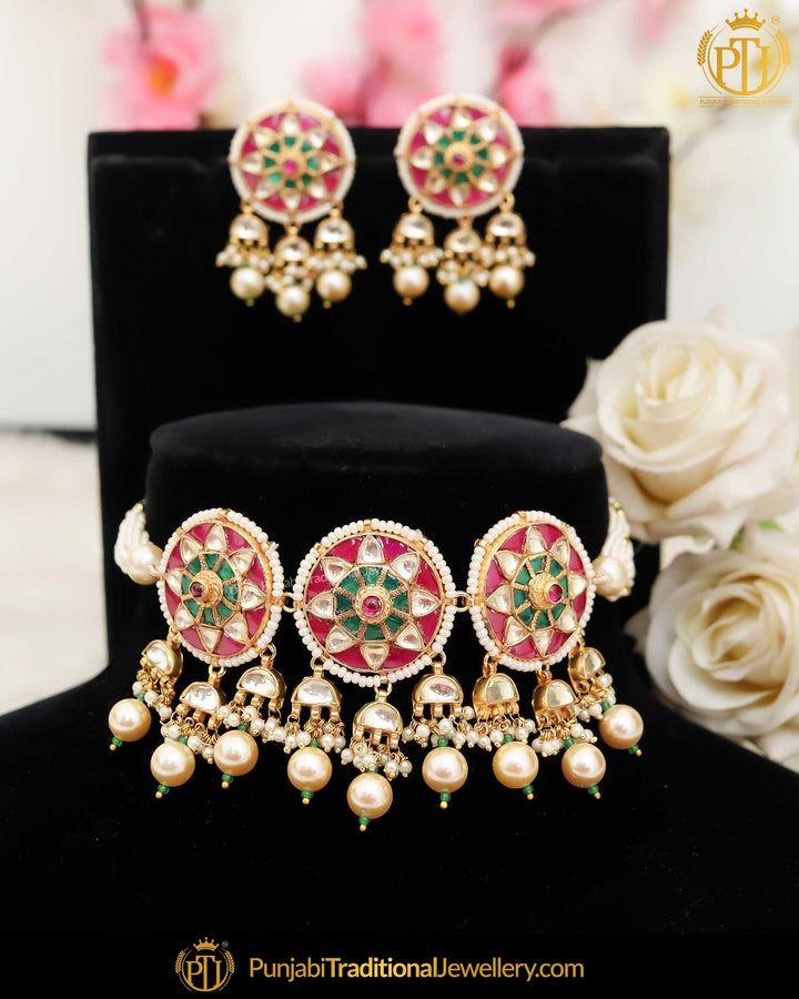 Gold Finished Red Green Kundan Pearl Choker Set | Punjabi Traditional Jewellery Exclusive