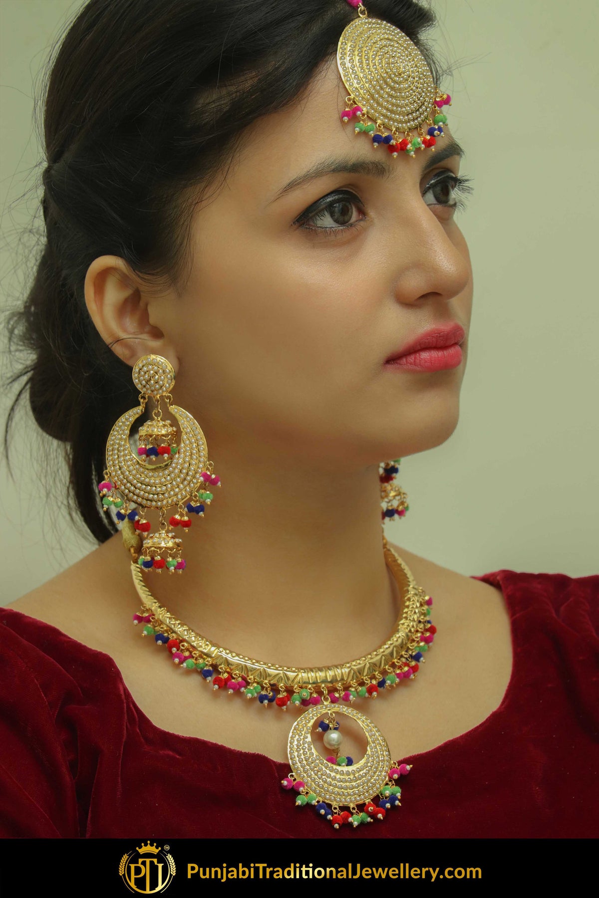 Gazala Gold Finished Navratan Hasli Necklace, Tikka & Earrings | Punjabi Traditional Jewellery Exclusive