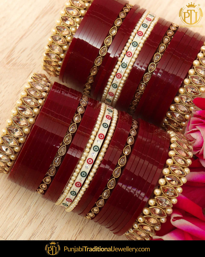 Dotted Maroon Champagne Stone Bridal Chura | Punjabi Traditional Jewellery Exclusive