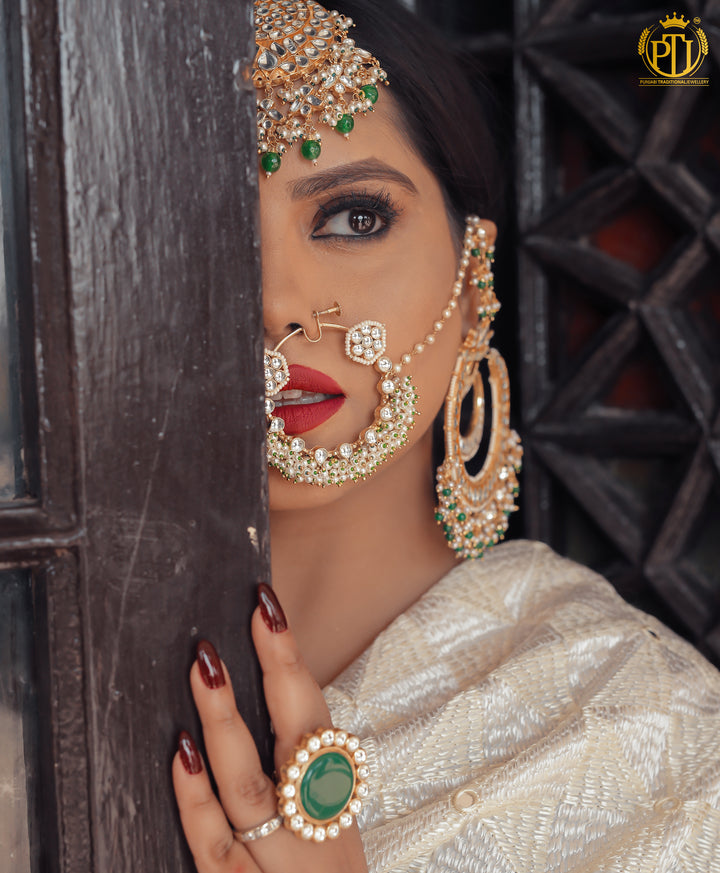 Suhair Oversized Emerald Kundan Earring Tikka Set & Nath | Rawayat by Punjabi Traditional Jewellery