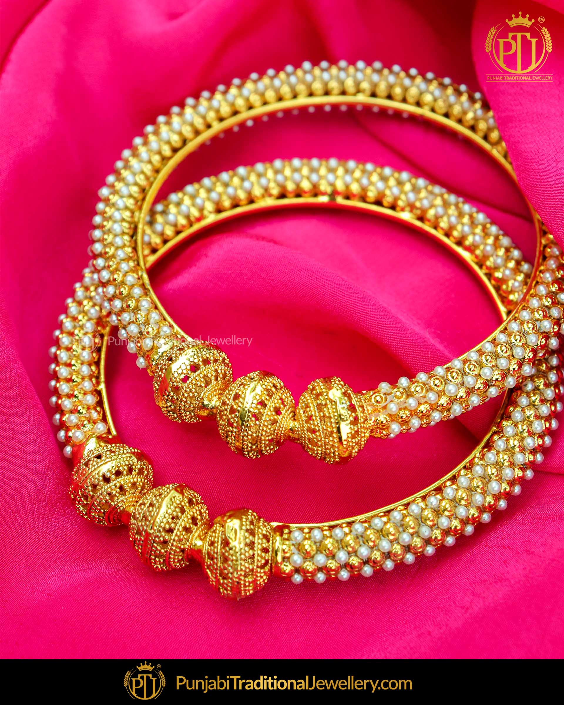 Antique Gold Finished Pearl Johda bangles Openable Bangles (Pair) | Punjabi Traditional Jewellery Exclusive