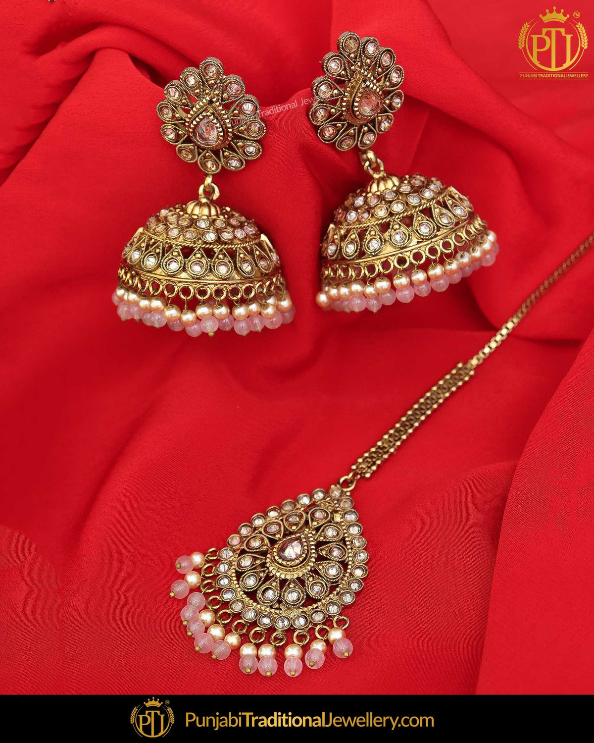 Antique Gold Finished Babby Pink Champagne Stone Earring Tikka Set | Punjabi Traditional Jewellery Exclusive