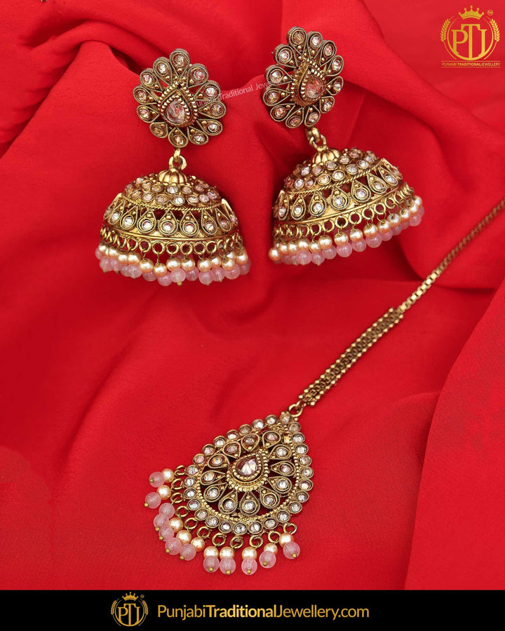 Antique Gold Finished Babby Pink Champagne Stone Earring Tikka Set | Punjabi Traditional Jewellery Exclusive