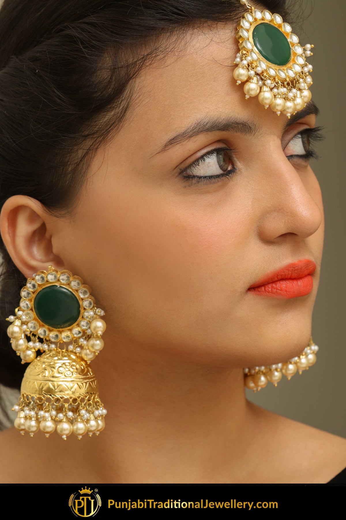 Ranjish Gold Finished Pearl Emerald Jhumki Kundan Earring Tikka Set | Punjabi Traditional Jewellery Exclusive