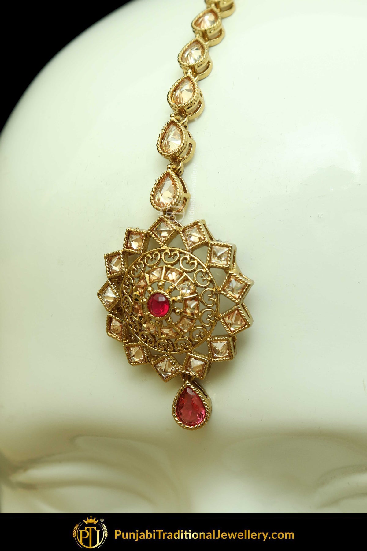 Antique Gold Finised Champagne Stone Red Earring Tikka Set By Punjabi Traditional Jewellery
