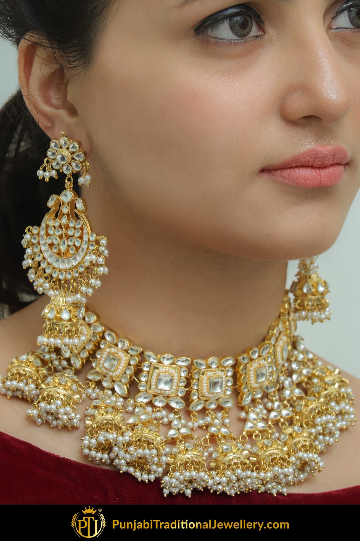 Fakhtah Golden Kundan Pearl Necklace Set | Punjabi Traditional Jewellery Exclusive