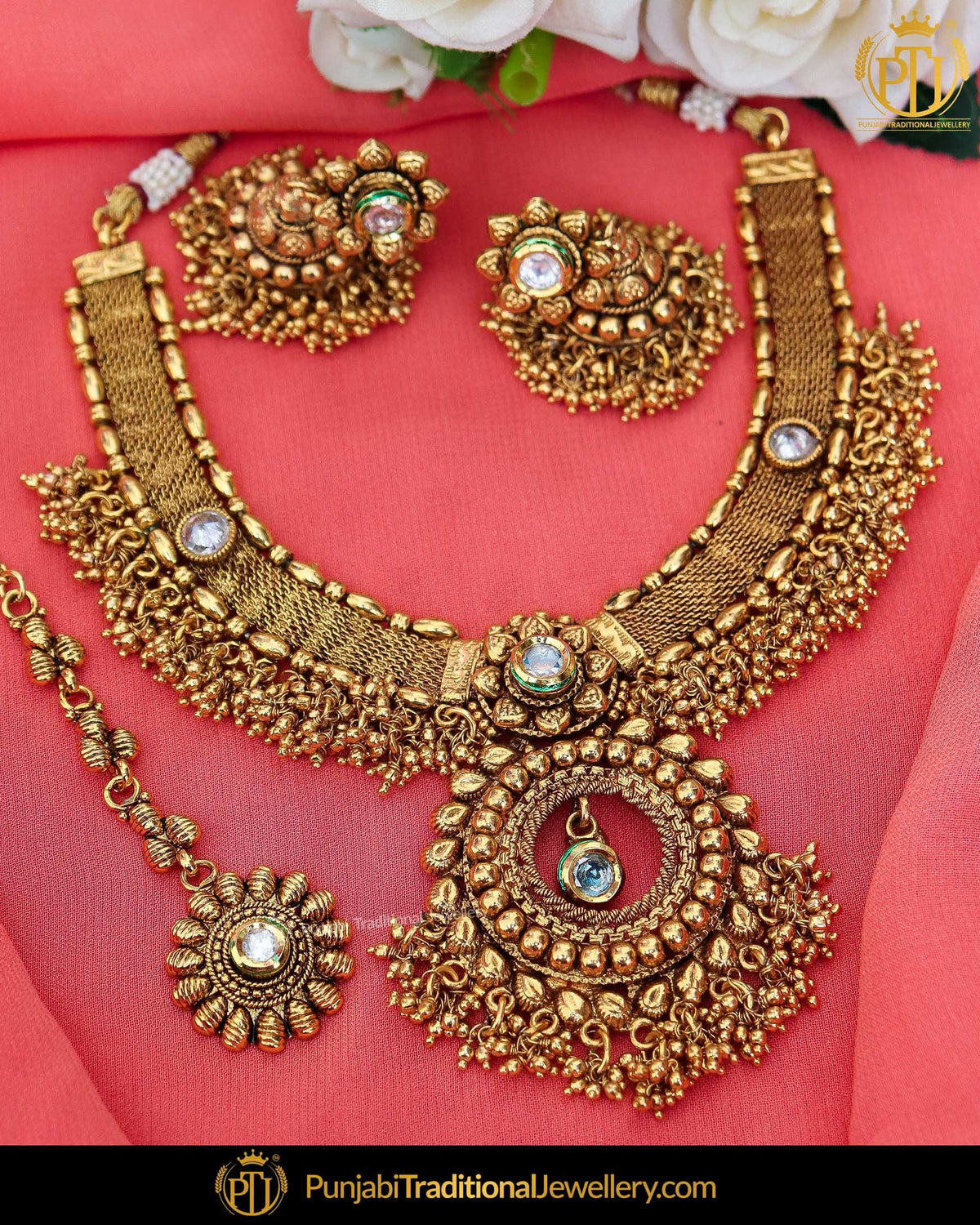 Antique Gold Finished Kundan Johda Necklace Set  | Punjabi Traditional Jewellery Exclusive