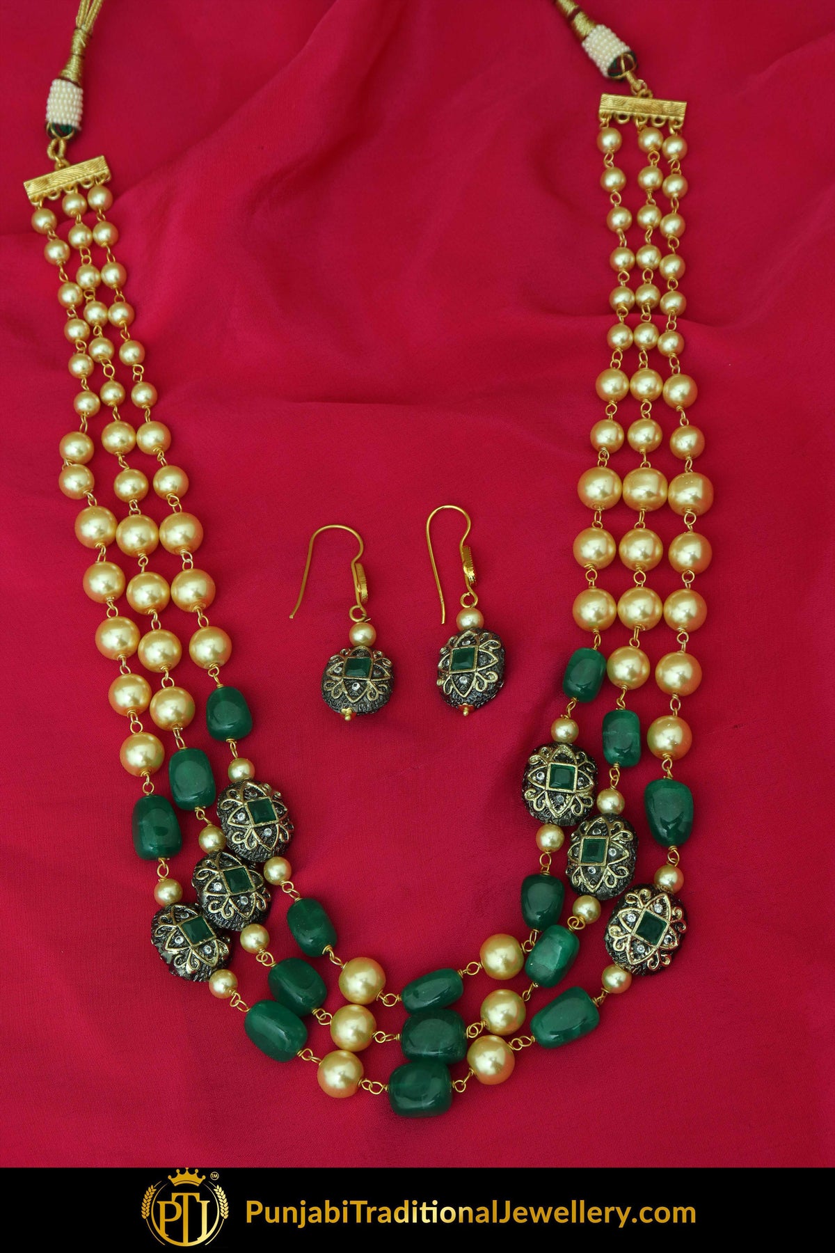 Kaheesha Emerald Mala Necklace & Earrings | Punjabi Traditional Jewellery Exclusive