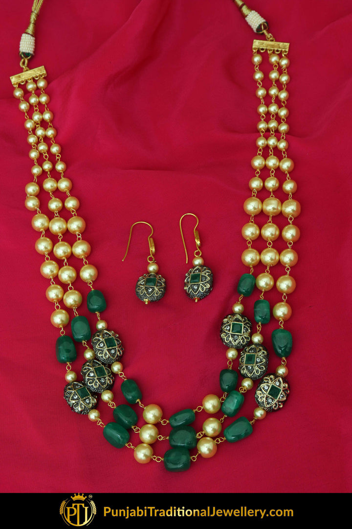 Kaheesha Emerald Mala Necklace & Earrings | Punjabi Traditional Jewellery Exclusive