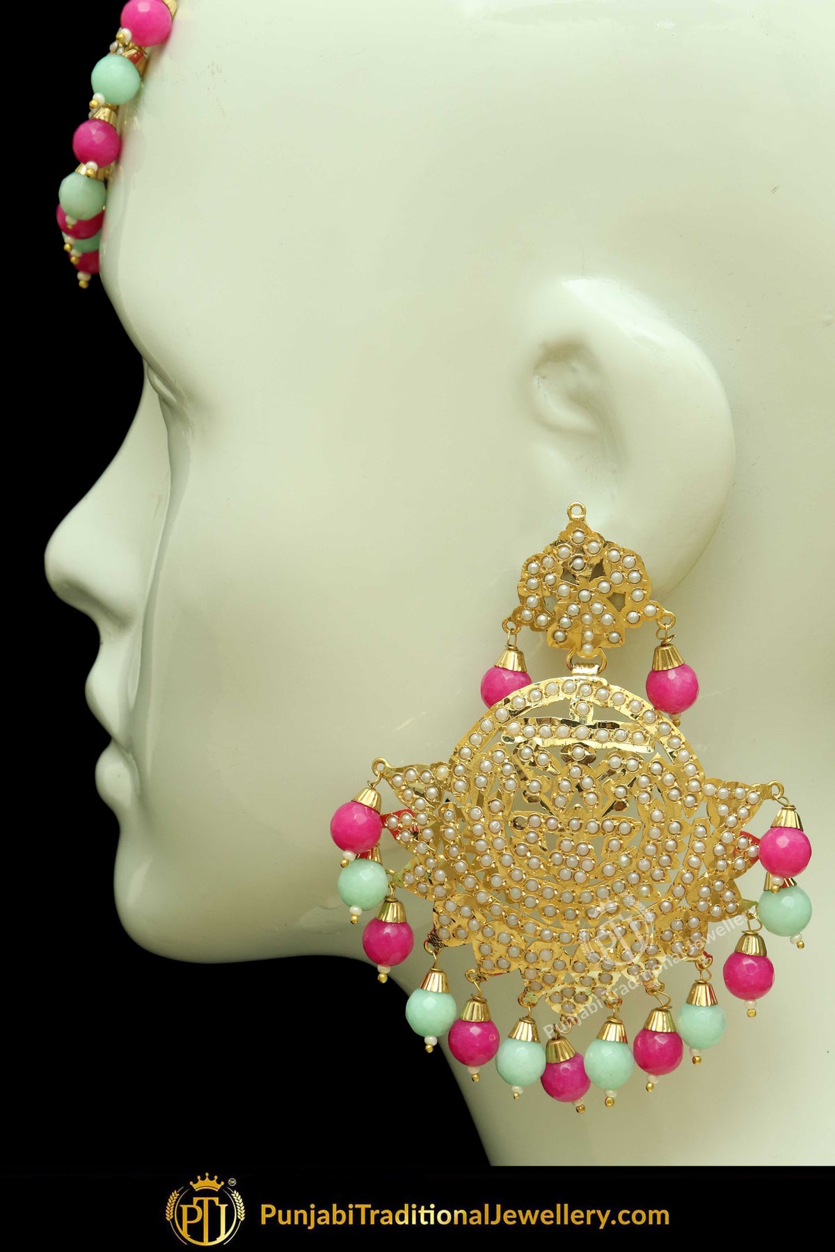 Gold Finished Pink & Firozi Jadau Pearl Earring Tikka Set | Punjabi Traditional Jewellery Exclusive