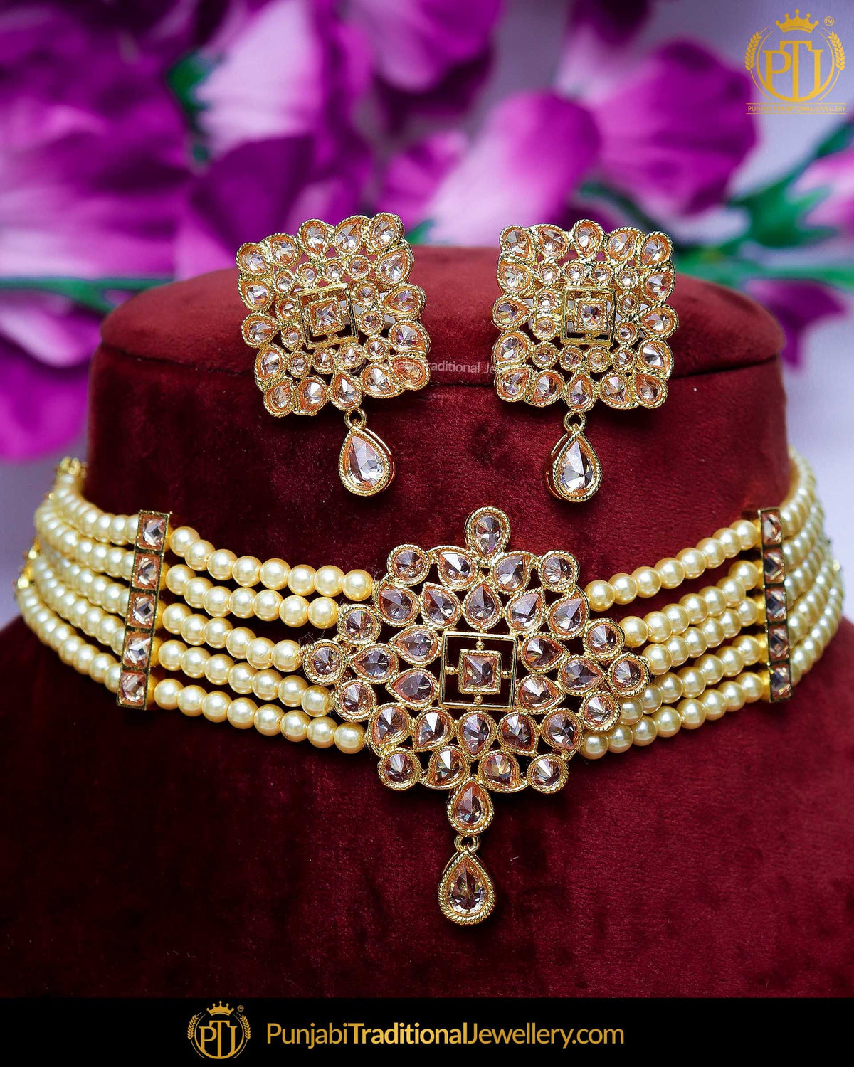 Gold Finished Champagne Stone Pearl Mala Necklace Set  | Punjabi Traditional Jewellery Exclusive