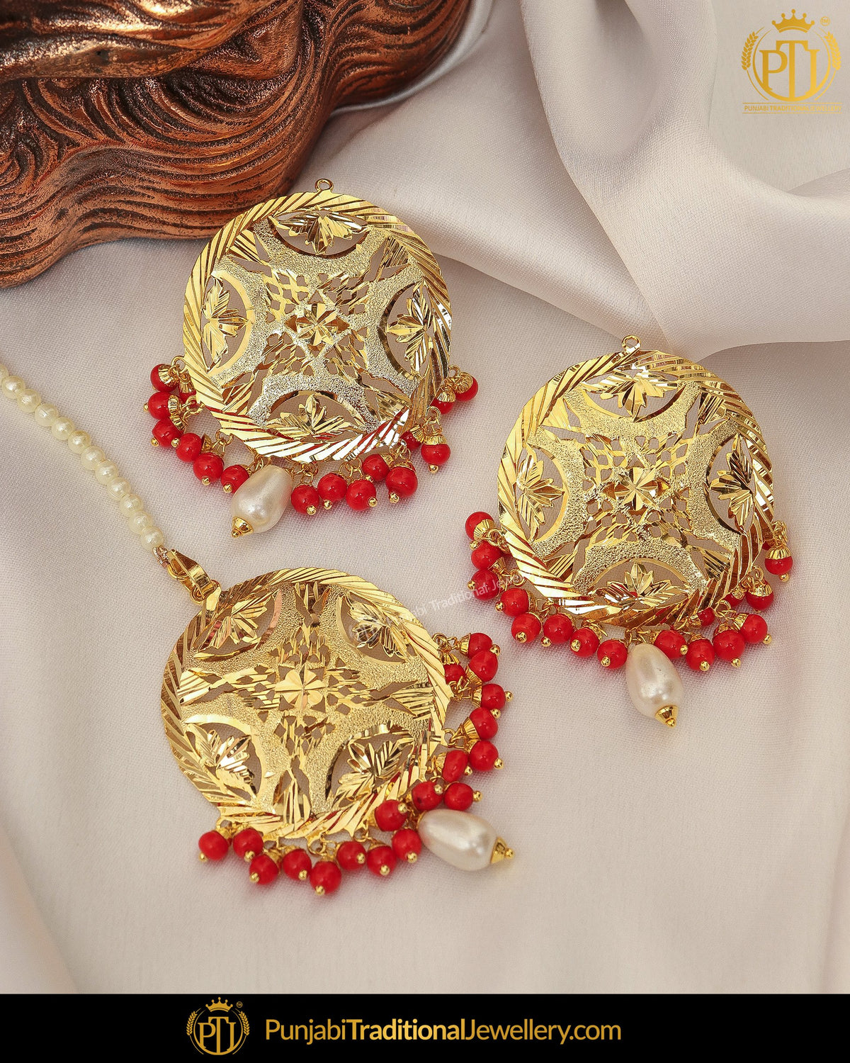Gold Finished Pearl Red Jadau Stud Earring Tikka Set | Punjabi Traditional Jewellery Exclusive