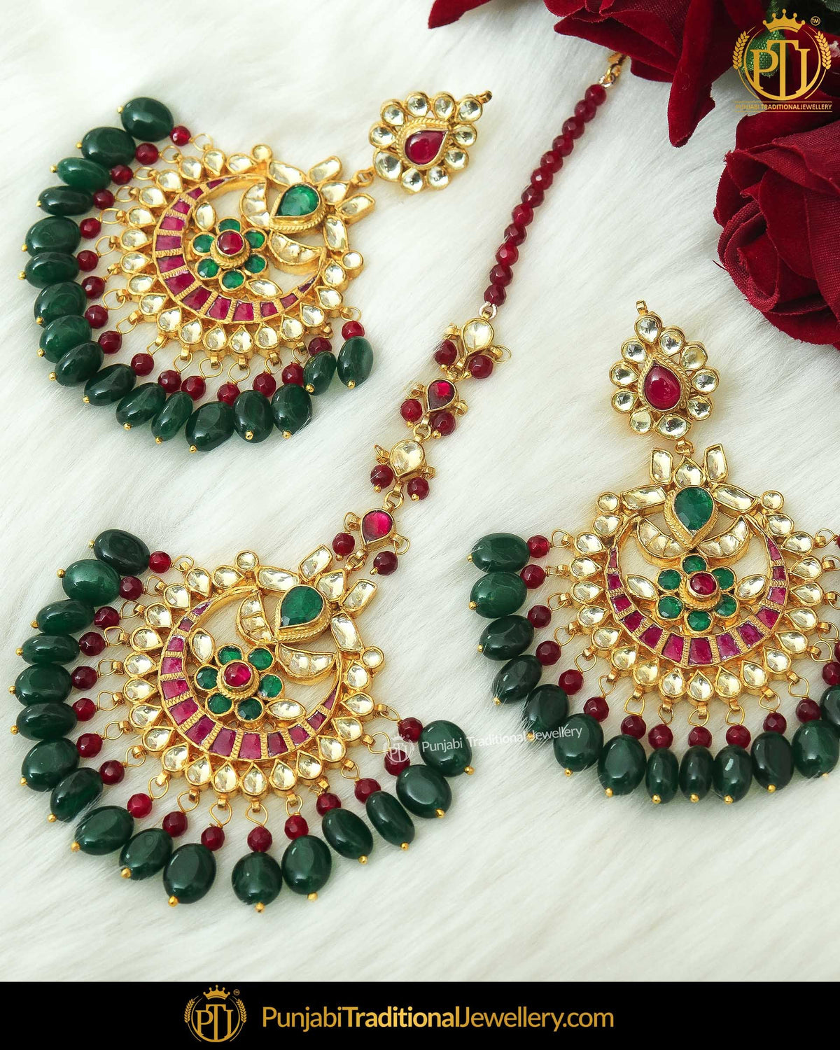 Gold Finished Kundan Rubby Emerald Earring Tikka Set By Punjabi Traditional Jewellery