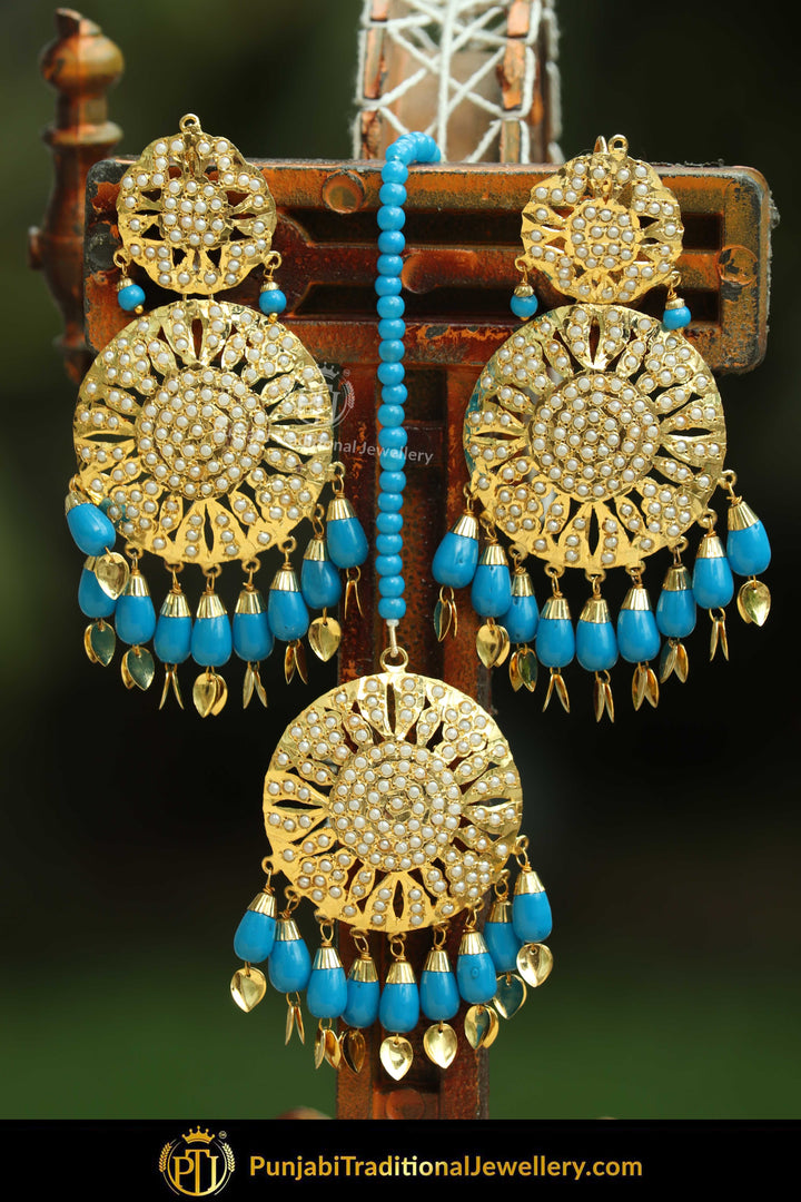 Gold Finished Firozi Jadau Pippal Patti Earring Tikka Set | Punjabi Traditional Jewellery Exclusive