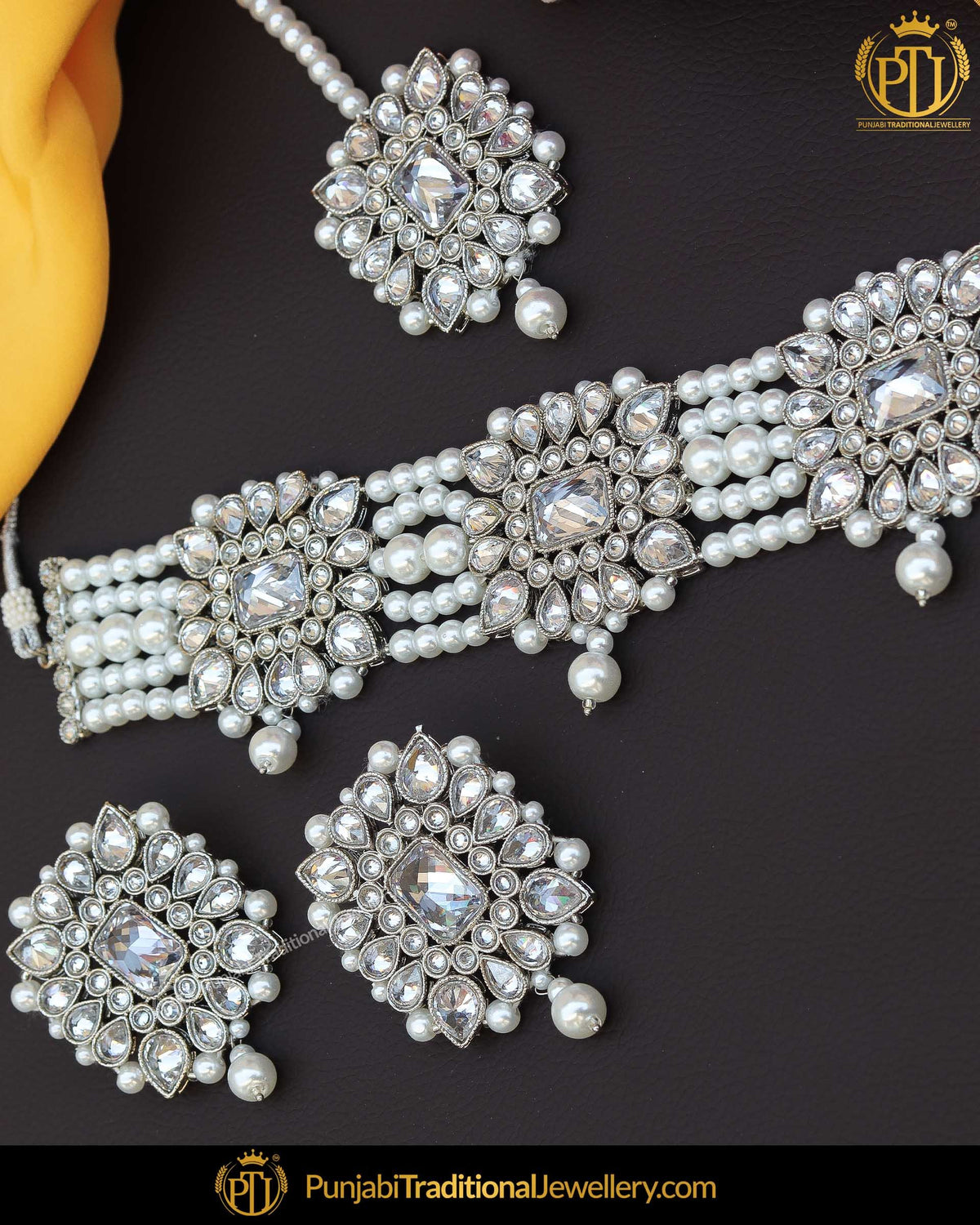 Silver Finished Polki Stone Pearl Choker Necklace Set | Punjabi Traditional Jewellery Exclusive