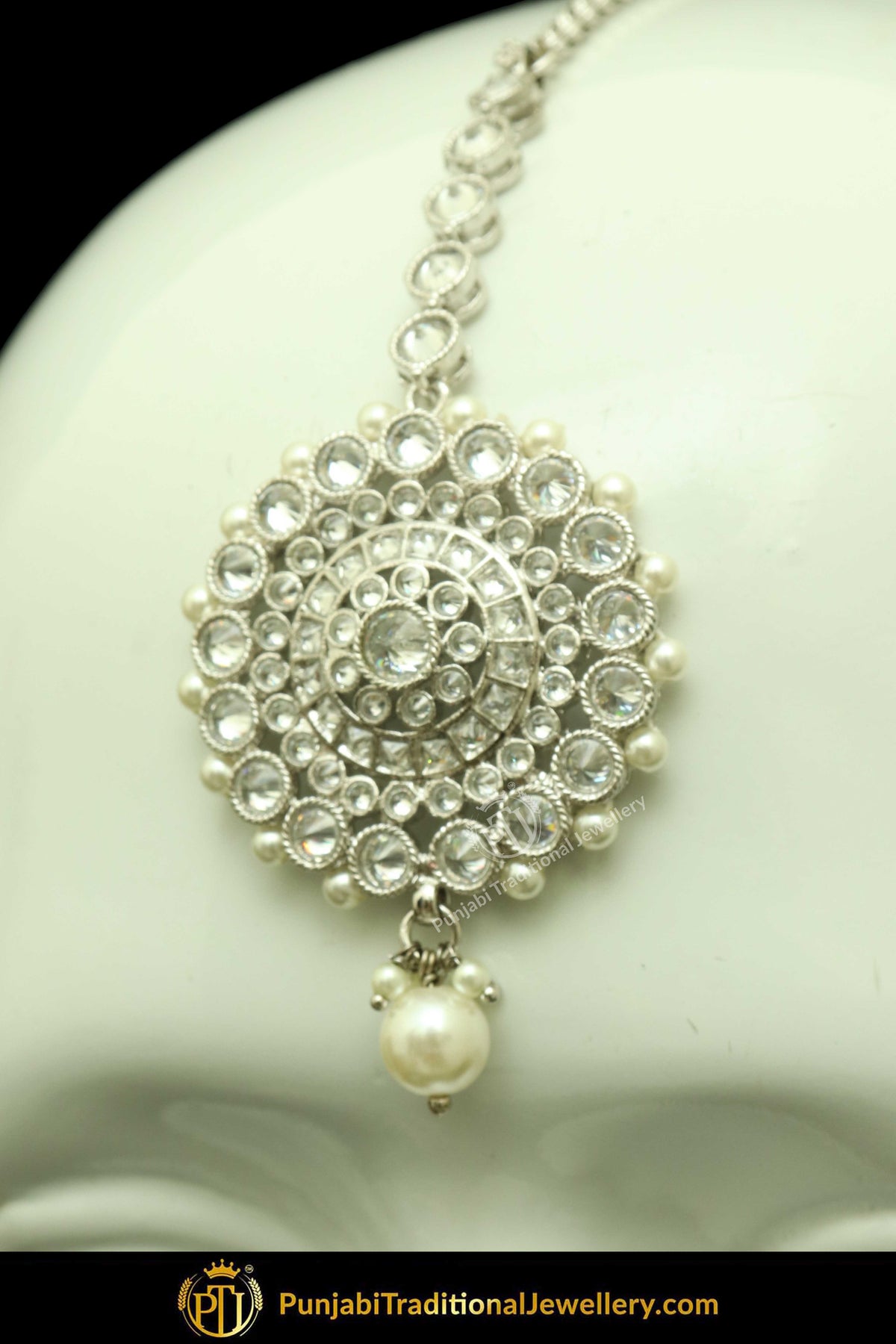 Silver Finished Polki Stone Oversized Stud Earrings & Tikka Set By Punjabi Traditional Jewellery
