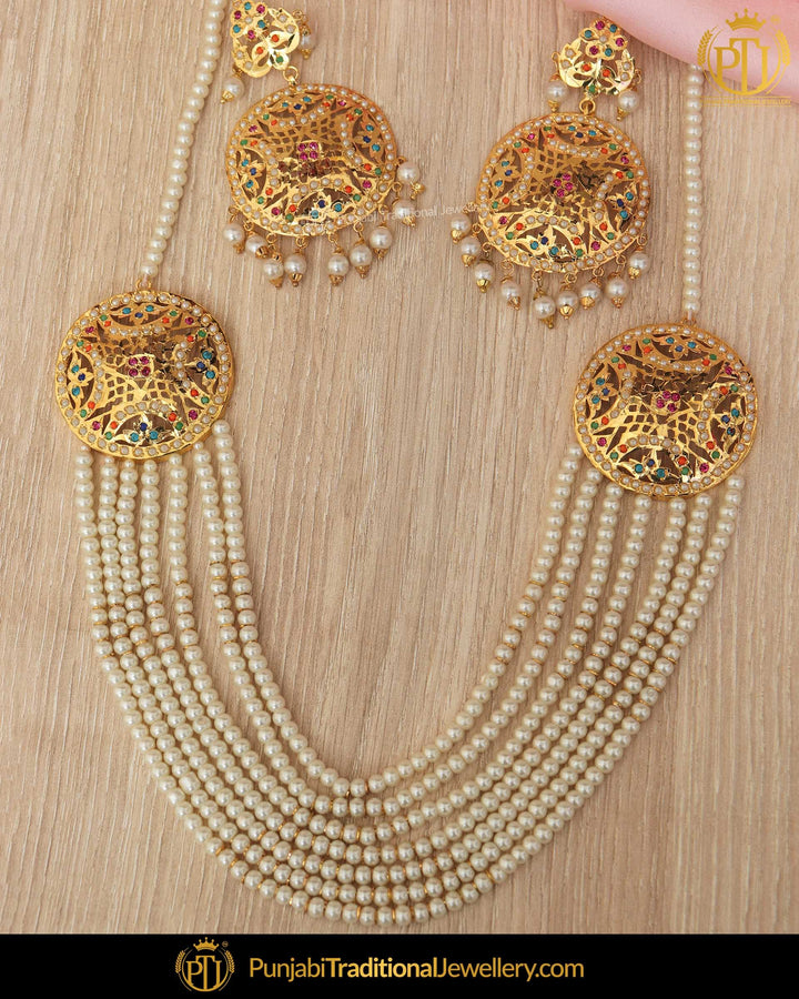 Gold Finished Pearl Jadau Rubby Emerald  Necklace Set | Punjabi Traditional Jewellery Exclusive