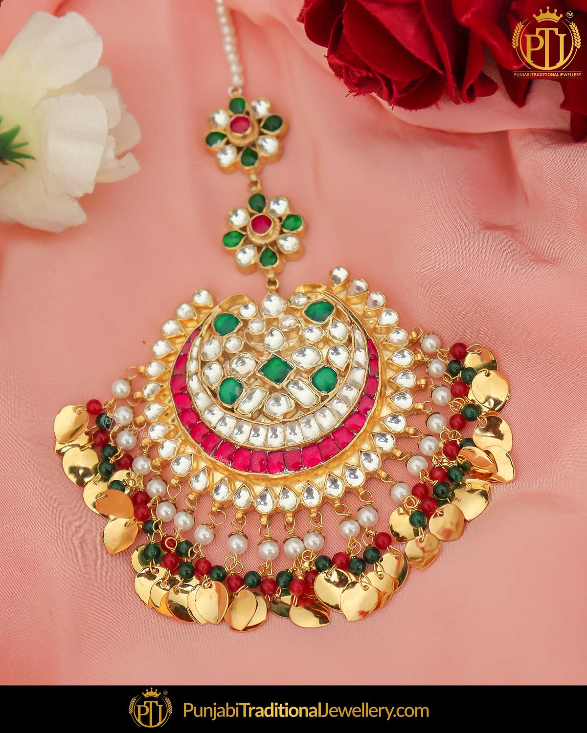 Gold Finished Kundan Green Red Pippal Patti Pearl Tikka | Punjabi Traditional Jewellery Exclusive