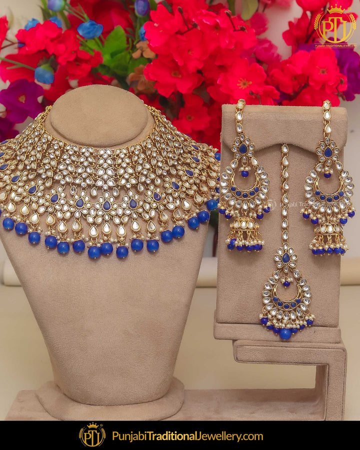 Gold Finished Kundan Blue Pearl Choker Necklace Set | Punjabi Traditional Jewellery Exclusive