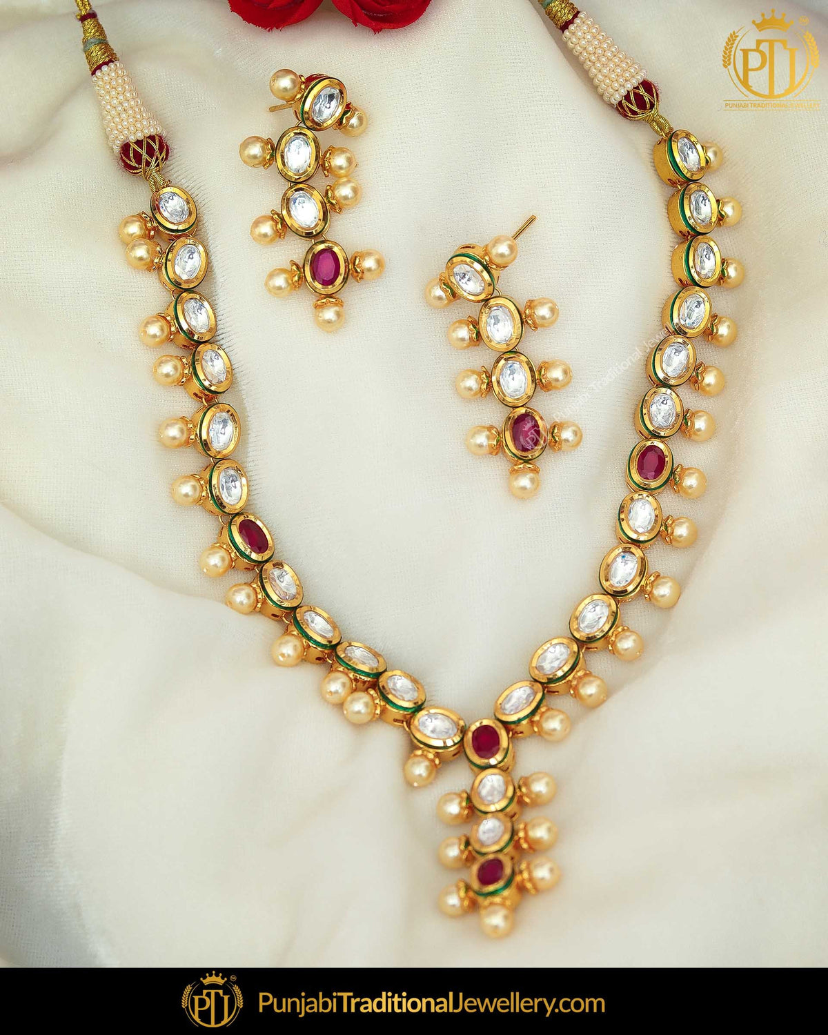 Gold Finished Rubby Kundan Necklace Set | Punjabi Traditional Jewellery Exclusive