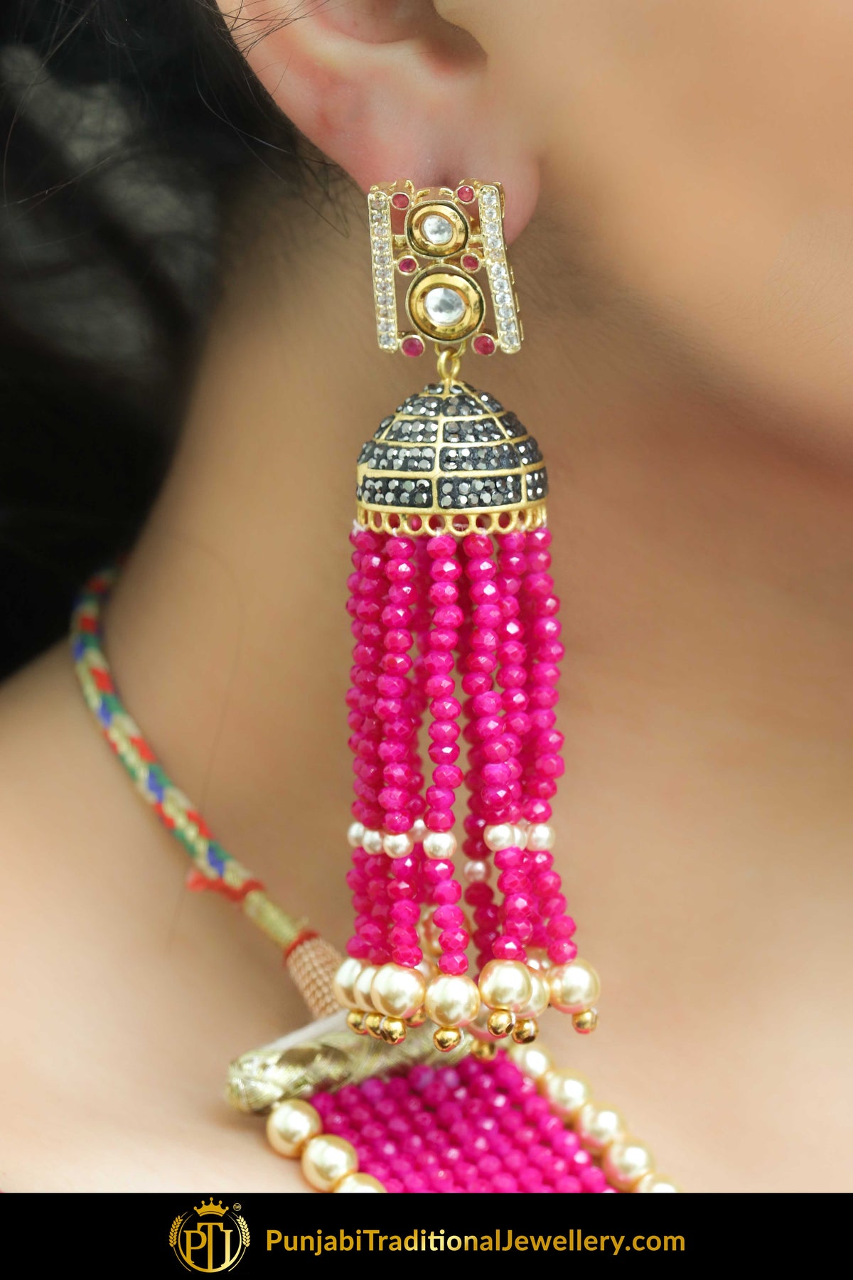 Farzana Gold Finished Hot Pink Mala Necklace With Earrings  | Punjabi Traditional Jewellery Exclusive