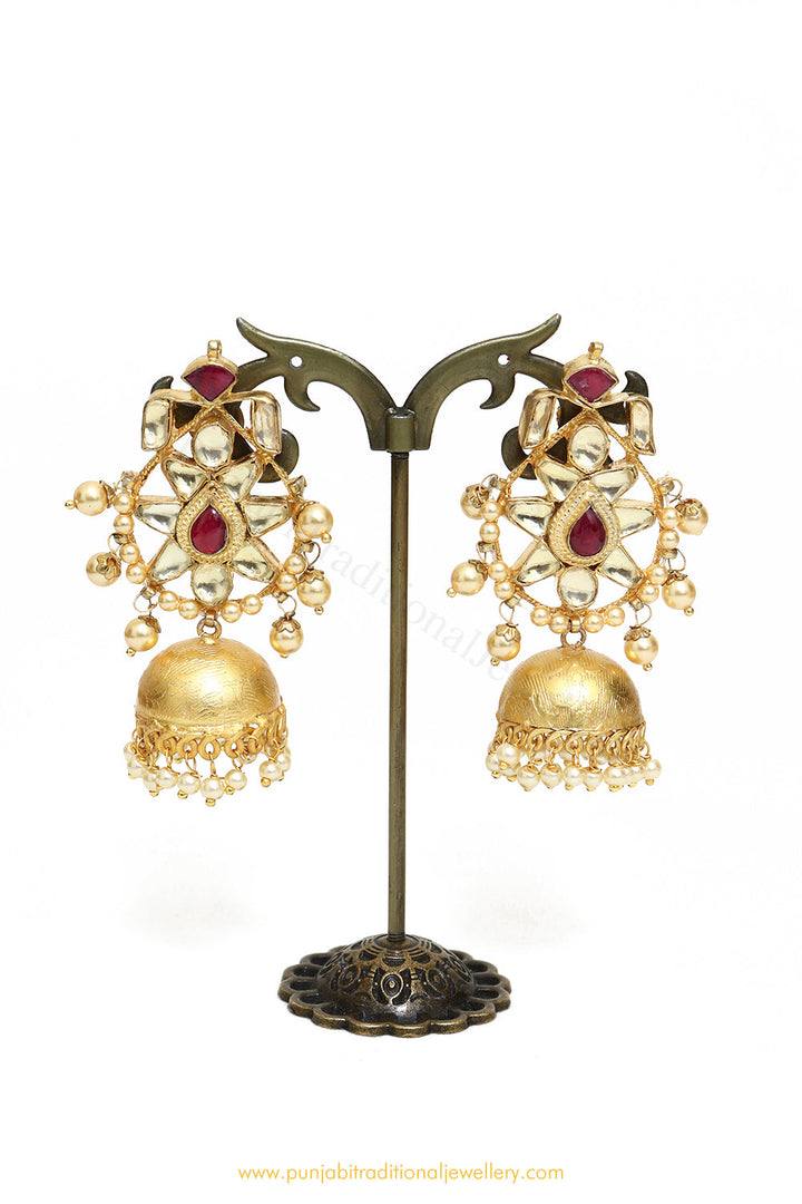 Gold Finished Rubby Emerald Kundan Jhumki Earrings by PTJ